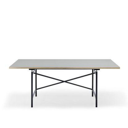 Eiermann 1 Table M (Mechanical Height Adjustment), Linoleum ash grey (Forbo 4132) with oak edge, 180 x 90 cm, Black