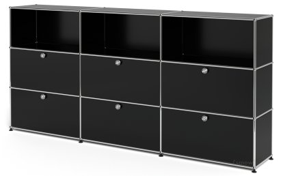 USM Haller Highboard XL, Customisable, Graphite black RAL 9011, Open, With 3 drop-down doors, With 3 drop-down doors