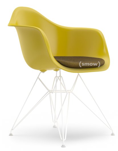 Eames Plastic Armchair DAR, Mustard, With seat upholstery, Mustard / dark grey, Standard version - 43 cm, Coated white