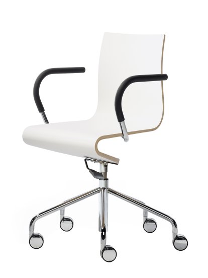 Work Chair Seesaw, Chrome plated, with gas spring, With armrests, same colour as base, Natural beech/White laminated melamine