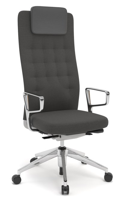 ID Trim L, FlowMotion without seath depth adjustment, With polished aluminium ring armrests, Soft grey, Plano fabric dark grey, Hard castors for carpets