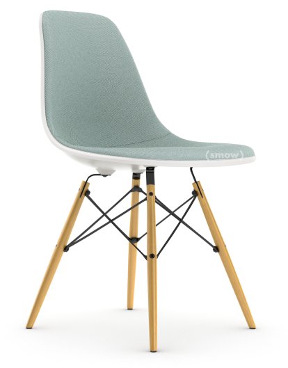 Eames Plastic Side Chair DSW, White RE, With full upholstery, Ice blue / ivory, Standard version - 43 cm, Ash honey tone