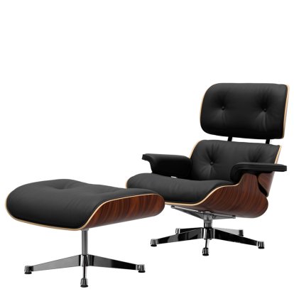 Eames Lounge Chair & Ottoman, Santos Palisander, Leather Premium F nero, 89 cm, Aluminium polished