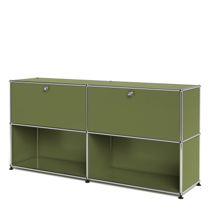 USM Haller Sideboard L, Customisable, Olive green RAL 6003, With 2 drop-down doors, Open