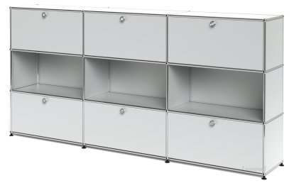 USM Haller Highboard XL, Customisable, USM matte silver, With 3 drop-down doors, Open, With 3 drop-down doors