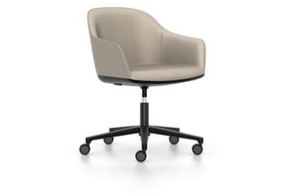 Softshell Chair with five star base, Aluminum base powder coated basic dark, Leather (Standard), Sand, Hard castors for carpets